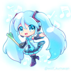 Rule 34 | 1girl, absurdly long hair, aqua eyes, aqua hair, aqua necktie, artist name, artist request, bare shoulders, black footwear, black skirt, black sleeves, black thighhighs, blue eyes, blue hair, blue necktie, blush, boots, breasts, chibi, collared shirt, detached sleeves, female focus, food, full body, hair between eyes, hair ornament, hatsune miku, headphones, headset, holding, holding food, ievan polkka (vocaloid), kumaoka pon, long hair, long sleeves, looking at viewer, musical note, necktie, outstretched arms, parted lips, pleated skirt, shirt, skirt, sleeveless, sleeveless shirt, sleeves past fingers, sleeves past wrists, small breasts, solo, spring onion, standing, standing on one leg, thigh boots, thigh gap, thighhighs, twintails, very long hair, vocaloid, white shirt