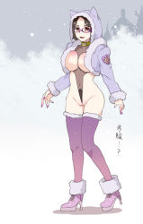 Rule 34 | 1girl, blush, boots, breastless clothes, breasts, brown hair, cleft of venus, coat, collar, female focus, full body, glasses, high heel boots, high heels, highleg, highleg leotard, hood, hooded jacket, jacket, leotard, mizuryu kei, mizuryuland, nail polish, navel, open mouth, outdoors, partially visible vulva, pink eyes, pink nails, shoes, smile, snow, solo, standing, text focus, thighhighs, translated, wedgie, winter clothes, winter coat