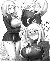 Rule 34 | !, !!, 1boy, 1girl, :d, absurdres, akamatsu kaede, black jacket, blush, bra, breast pocket, breasts, collared shirt, commentary request, cosplay, cropped torso, danganronpa (series), danganronpa v3: killing harmony, dress shirt, feet out of frame, fortissimo, grey background, greyscale, hair ornament, hand on own chest, hand up, hands up, highres, jacket, large breasts, long hair, long sleeves, monochrome, multiple views, musical note, musical note hair ornament, open mouth, pocket, popped button, saihara shuichi (cosplay), saihara shuichi, shirt, simple background, smile, suurin (ksyaro), translation request, underwear, upper body, white background