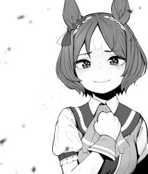 Rule 34 | 1girl, animal ears, ascot, blurry, bokeh, clenched hand, closed mouth, depth of field, flower-shaped pupils, greyscale, hand on own chest, highres, horse ears, horse girl, light smile, looking at viewer, monochrome, sailor collar, sakura laurel (umamusume), short hair, short sleeves, solo, symbol-shaped pupils, tsuzuri (tu-san house), umamusume, upper body, white background, wrist cuffs