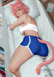 Rule 34 | 1girl, animal ears, ariverkao, blush, body pillow, breasts, brown eyes, camisole, cat ears, cat tail, dated, indoors, large breasts, looking at viewer, lying, hugging object, on side, one eye closed, original, patreon logo, pillow, pillow hug, pink hair, short hair, shorts, signature, smile, solo, tail, underboob