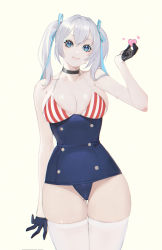 1girl black_gloves blue_eyes bobobong bow breasts cameltoe choker cleavage cowboy_shot gloves gluteal_fold hair_between_eyes hair_bow heart heart-shaped_pupils highres large_breasts one-piece_swimsuit original simple_background skindentation smile solo sweat swimsuit symbol-shaped_pupils thighhighs thighs twintails white_background white_hair white_thighhighs