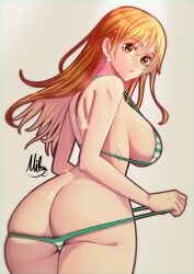 Rule 34 | 1girl, ass, bikini, bikini bottom pull, breasts, brown eyes, butt crack, closed mouth, earrings, green bikini, highres, jewelry, large breasts, long hair, looking back, mifenami, mole, mole on ass, nami (one piece), one piece, orange hair, pearl earrings, pulled by self, sideboob, signature, simple background, solo, strap gap, swimsuit