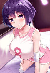 Rule 34 | 1girl, bare shoulders, bed, bed sheet, blush, breasts, closed mouth, colored eyelashes, commentary request, elbow pads, from above, gym shorts, gym uniform, huyumitsu, indoors, knee pads, kneeling, large breasts, looking at viewer, on bed, original, photoshop (medium), pillow, pink shorts, purple eyes, purple hair, shirt, short hair, shorts, sleeveless, sleeveless shirt, smile, solo, sportswear, uniform, volleyball uniform, white shirt