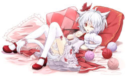 Rule 34 | 1girl, animal ears, animal hands, bat wings, blush, cat ears, cat tail, cloudy.r, fangs, gloves, hair ribbon, highres, kemonomimi mode, looking at viewer, mary janes, one eye closed, paw gloves, red eyes, remilia scarlet, ribbon, shoes, short hair, silver hair, smile, solo, tail, tail ornament, tail ribbon, thighhighs, touhou, white thighhighs, wings, wink, wrist cuffs, yarn, yarn ball