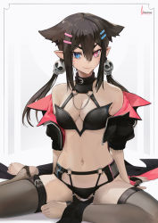 Rule 34 | 1girl, bikini, black thighhighs, breasts, collar, cropped jacket, facial mark, fang, fingerless gloves, gloves, hair flaps, hair ornament, hairclip, heterochromia, highres, jacket, long hair, looking at viewer, medium breasts, navel, off shoulder, open clothes, open jacket, original, pelvic curtain, pointy ears, sitting, skin fang, skull hair ornament, solo, swimsuit, thighhighs, twintails, unsomnus