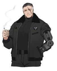 Rule 34 | 1boy, armored core, armored core 6, belt, black hair, black jacket, black pants, black shirt, cigarette, commentary, english commentary, grey hair, hand in pocket, handler walter, highres, holding, holding cigarette, jacket, kyou (ningiou), light frown, male focus, mechanical arms, multicolored hair, open clothes, open jacket, pants, scar, scar across eye, scar on face, shirt, simple background, single mechanical arm, skin tight, smoke, solo, upper body, white background