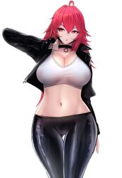 Rule 34 | 1girl, ahoge, alternate costume, black choker, black jacket, black pants, breasts, choker, cleavage, crop top, cropped jacket, gluteal fold, goddess of victory: nikke, hair between eyes, hair intakes, hand on own neck, highres, jacket, large breasts, leather, leather jacket, long hair, looking to the side, navel, nemo (aeon2801), nihilister (nikke), pants, red eyes, red hair, shirt, sidelocks, simple background, solo, thigh gap, tight clothes, tight pants, white background, white shirt