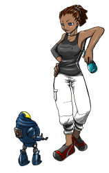 Rule 34 | armpits, artist request, blue eyes, blush, braid, breasts, brown hair, cargo pants, cleavage, dark skin, dreadlocks, drink, fallout (series), hand on own hip, highres, leaning, pants, robot, size difference, smile, tank top