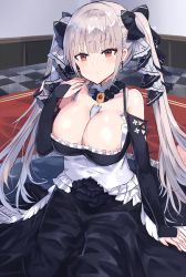 Rule 34 | 1girl, azur lane, bad id, bad pixiv id, bare shoulders, between breasts, black dress, bow, breasts, checkered floor, cleavage, detached collar, dress, earrings, formidable (azur lane), frilled dress, frills, hair bow, hand up, highres, indoors, jewelry, large breasts, long dress, long hair, long sleeves, looking at viewer, mat, nonon (xenonbot), on floor, red eyes, reflective floor, sidelocks, silver hair, sitting, solo, twintails, very long hair