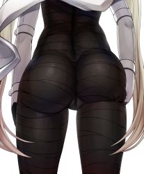 Rule 34 | 1girl, ass, ass focus, ass support, bad id, bad pixiv id, bandages, bippew, cameltoe, cape, cleft of venus, close-up, from behind, head out of frame, highres, light brown hair, long hair, maplestory, orchid (maplestory), simple background, solo, very long hair, view between legs, white background, white cape