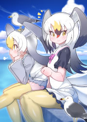 Rule 34 | 2girls, bird, bird girl, bird tail, bird wings, black-tailed gull (kemono friends), blue sky, bow, bowtie, cloud, commentary, common gull (kemono friends), day, dress, frilled dress, frills, head wings, highres, kemono friends, looking at viewer, multicolored hair, multiple girls, ocean, pantyhose, pier, purple bow, purple bowtie, seagull, sigh, sky, tail, tanaka kusao, thighhighs, white hair, wings, yellow pantyhose, yellow thighhighs, zettai ryouiki