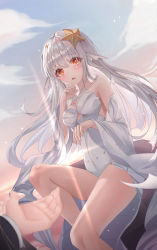 Rule 34 | 1girl, absurdres, blue sky, blush, cloud, cloudy sky, crying, crying with eyes open, dress, grimlight, highres, little mermaid (grimlight), long hair, looking at viewer, open mouth, orange eyes, outstretched arm, sky, starfish hair ornament, tears, white hair, zuu 1730