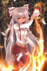 Rule 34 | 1girl, arm belt, bamboo, bamboo forest, blurry, bow, burning, depth of field, dress shirt, embers, fire, fire, forest, fujiwara no mokou, hair bow, hair ribbon, hf5505, highres, long hair, long sleeves, looking at viewer, midriff, nature, navel, ofuda, pants, red eyes, red pants, ribbon, serious, shirt, solo, suspenders, touhou, tress ribbon, very long hair, white hair, white shirt