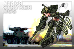 Rule 34 | 1girl, armored personnel carrier, armored vehicle, cannon, cannon cartridge, combat helmet, helmet, infantry fighting vehicle, inline skates, kondou minoru, m1128 mobile gun system, mecha musume, military, military vehicle, original, personification, photo background, roller skates, royal ordnance l7, shell casing, skates, solo, stryker, tank gun, vehicle