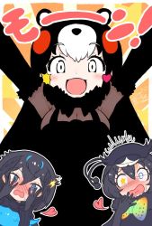 Rule 34 | 3girls, animal ears, arms up, bear ears, bear girl, bird girl, bird wings, black cape, black dress, black fur, black gloves, black hair, black headwear, black sweater, blue eyes, blue hair, blush, bow, bowtie, cabbie hat, cape, chibi kumamon (kemono friends), commentary request, covering face, dress, elbow gloves, fur trim, gloves, grey eyes, hair ornament, hat, head wings, heart, heart hair ornament, kemono friends, kitsunetsuki itsuki, long hair, long sleeves, looking at viewer, mismatched pupils, multicolored hair, multiple girls, nose blush, open mouth, red hair, see-through, sidelocks, smile, star (symbol), star hair ornament, superb bird-of-paradise (kemono friends), sweater, western parotia (kemono friends), white hair, wings