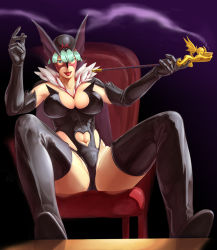 Rule 34 | 1girl, :p, bad id, bad pixiv id, breasts, capcom, cleavage, cosplay, demon girl, doronjo, doronjo (cosplay), elbow gloves, gloves, holding, holding smoking pipe, kiseru, kurohachi, large breasts, latex, latex gloves, legs, lilith aensland, long legs, mask, morrigan aensland, navel, sitting, smoking pipe, solo, spread legs, thick thighs, thighhighs, thighs, time bokan (series), tongue, tongue out, vampire (game), yatterman