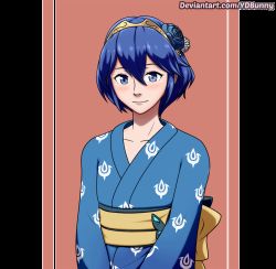 Rule 34 | 1girl, alternate breast size, animated, animated gif, blue eyes, blue hair, blush, breast expansion, breasts, cleavage, fire emblem, fire emblem awakening, flat chest, flower, hair flower, hair ornament, highres, huge breasts, japanese clothes, kimono, looking at viewer, lucina (fire emblem), nintendo, no bra, short hair, smile, solo, tagme, upper body, ydbunny