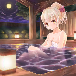 Rule 34 | 1girl, bath, bathing, blonde hair, blunt bangs, breasts, cloud, collarbone, fence, full moon, hair ornament, hair scrunchie, hair up, head tilt, holding, holding towel, lamp, looking at viewer, loussier ellerensia, moon, naked towel, night, night sky, onsen, outdoors, partially submerged, scrunchie, shironeko project, sitting, sky, small breasts, smile, solo, stone wall, towel, tree, wall, wooden fence, yellow eyes, yj (yujay2837)