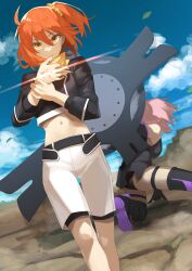 Rule 34 | 2girls, ahoge, ao tsukushi, armor, armored leotard, ass, belt, black armor, black belt, black shirt, blue sky, closed mouth, cloud, command spell, commentary request, cropped shirt, fate/grand order, fate (series), fujimaru ritsuka (female), fujimaru ritsuka (female) (true ether chaldea uniform), hair ornament, hair scrunchie, highres, holding, holding shield, leotard, looking at viewer, mash kyrielight, midriff, multiple girls, navel, official alternate costume, on one knee, orange eyes, orange hair, outdoors, pink hair, scarf, scrunchie, shield, shirt, short hair, shorts, side ponytail, sky, standing, white shorts, yellow scarf, yellow scrunchie