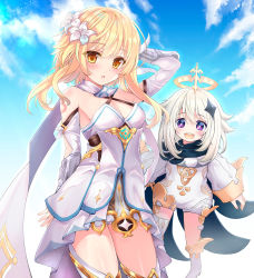 Rule 34 | 2girls, :d, arm behind head, arm up, bare shoulders, blonde hair, blue sky, blush, boots, breasts, brown eyes, chestnut mouth, cleavage, cloud, commentary request, criss-cross halter, day, dress, flower, genshin impact, hair flower, hair ornament, halo, halterneck, highres, knee boots, long hair, long sleeves, lumine (genshin impact), medium breasts, multiple girls, open mouth, outdoors, paimon (genshin impact), parted lips, purple eyes, shaian, single thighhigh, sky, sleeves past wrists, smile, teeth, thighhighs, thighhighs under boots, upper teeth only, vambraces, white dress, white flower, white footwear, white hair, white legwear