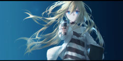 Rule 34 | 10s, 1girl, black choker, blonde hair, blue eyes, carrying, carrying under arm, choker, collarbone, commentary request, gun, hair between eyes, handgun, highres, holding, holding gun, holding weapon, jacket, letterboxed, long hair, looking at viewer, open clothes, open jacket, outstretched arm, parted lips, rachel gardner, satsuriku no tenshi, shirt, signature, solo, striped clothes, striped shirt, swd3e2, upper body, very long hair, weapon, white jacket