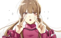 1girl aegyo_sal blunt_bangs blush brown_eyes brown_hair close-up double_v frilled_sweater hands_up jitome long_hair looking_at_viewer lower_eyelashes_only open_mouth pink_sweater simple_background solo suzuki-san suzuki_miki sweater twintails v white_background yamada_(onigori105)