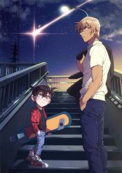 Rule 34 | 2boys, amuro tooru, black shirt, blonde hair, blue eyes, blue pants, brown hair, brown jacket, child, closed mouth, cloud, commentary request, edogawa conan, full body, glasses, glowing, hair between eyes, hand in pocket, holding, holding skateboard, jacket, jacket on shoulders, k (gear labo), lamppost, long sleeves, looking at viewer, looking back, male focus, meitantei conan, multiple boys, night, night sky, open clothes, open jacket, outdoors, pants, power lines, railing, red jacket, serious, shirt, shoes, shooting star, short hair, short sleeves, skateboard, sky, sneakers, socks, stairs, standing, star (sky), starry sky, transmission tower, white legwear, white shirt