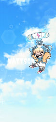 Rule 34 | 1girl, ^ ^, animification, apex legends, blue bodysuit, blue headwear, blush, bodysuit, bungaw, character name, chibi, closed eyes, cloud, electricity, floating, hood, lens flare, open mouth, ribbed bodysuit, scenery, sky, smile, solo, wattson (apex legends), white bodysuit