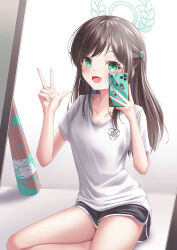 Rule 34 | 1girl, absurdres, airi (blue archive), baseball bat, black shorts, blue archive, brown hair, cellphone, dolphin shorts, green eyes, hair ornament, hairclip, halo, highres, holding, holding phone, long hair, looking at viewer, open mouth, paint splatter, phone, shira jun, shirt, shorts, sitting, smartphone, smile, solo, w, white shirt