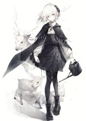 Rule 34 | 1girl, absurdres, black footwear, black pantyhose, boots, cape, capelet, commentary, deer, english commentary, expressionless, fawn, grey eyes, hair between eyes, hairband, high-waist skirt, highres, hito komoru, holding, holding stick, holding watering can, long sleeves, monochrome, original, pale skin, pantyhose, puffy long sleeves, puffy sleeves, shadow, shirt, short hair, skirt, solo, standing, stick, watering can, white background, white hair, white shirt, wind