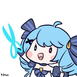 Rule 34 | 1girl, ahoge, arm up, blue eyes, blue gloves, blue hair, blush, blush stickers, chibi, eyelashes, gloves, gwen (league of legends), hair ornament, heterochromia, highres, holding, holding scissors, kemon, league of legends, light blue hair, long hair, open mouth, pink eyes, scissors, signature, simple background, solo, tongue, twintails, upper body, white background, x hair ornament
