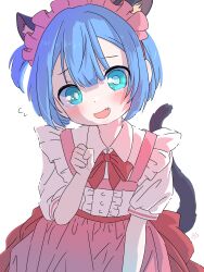Rule 34 | 1boy, absurdres, animal ears, blue eyes, blue hair, blush, bow, cat boy, cat ears, cat tail, center-flap bangs, child, dress, fang, flying sweatdrops, frilled dress, frills, highres, looking at viewer, made in abyss, maid, maruruk, one side up, paw pose, pink bow, pink dress, sekaineko 001, short hair, shy, solo, tail, trap, upper body, white background