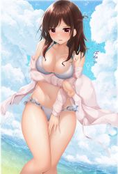 Rule 34 | 1girl, arm under breasts, bikini, blue bikini, blush, breast hold, breasts, brown hair, collarbone, commentary request, day, highres, long hair, looking at viewer, minato ojitan, navel, off shoulder, open clothes, open mouth, open shirt, original, outdoors, red eyes, shirt, solo, standing, swimsuit, white shirt, wind