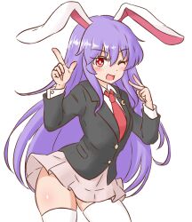Rule 34 | 1girl, ;d, animal ears, bright pupils, collared shirt, commentary, crescent, crescent pin, index finger raised, long hair, long sleeves, looking at viewer, miniskirt, mizusoba, necktie, one eye closed, open mouth, pink skirt, purple hair, rabbit ears, rabbit girl, red eyes, red necktie, reisen udongein inaba, shirt, skirt, smile, solo, thighhighs, touhou, white pupils, white shirt, white thighhighs, zettai ryouiki