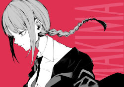 Rule 34 | 1girl, absurdres, black jacket, black necktie, braid, braided ponytail, breasts, chainsaw man, character name, collared shirt, commentary, formal, highres, jacket, long hair, looking down, looking to the side, lulutaeri, makima (chainsaw man), medium breasts, monochrome, necktie, off shoulder, open clothes, red background, ringed eyes, shirt, simple background, solo, spot color, upper body, white shirt