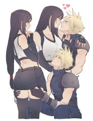 Rule 34 | 1boy, 1girl, absurdres, armor, bare shoulders, black hair, black skirt, black thighhighs, blue eyes, blush, cloud strife, couple, crop top, detached sleeves, final fantasy, final fantasy vii, final fantasy vii remake, gloves, hands on another&#039;s thighs, heart, hetero, highres, long hair, looking at another, low-tied long hair, pudelmudel, red eyes, shoulder armor, skirt, sleeveless, sleeveless turtleneck, spiked hair, square enix, suspender skirt, suspenders, tank top, thighhighs, tifa lockhart, turtleneck, white background, white tank top, zettai ryouiki