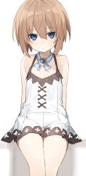 Rule 34 | 1girl, absurdres, arms behind back, bare legs, bare shoulders, blanc (neptunia), blue eyes, blush, breasts, brown hair, buran buta, cowboy shot, dress, expressionless, frown, hair between eyes, highres, legs, looking at viewer, medium hair, neptune (series), ribbon, simple background, sitting, small breasts, solo, spaghetti strap, thighs, white background, white dress