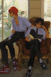 Rule 34 | 2boys, air jordan, air jordan 1, armchair, bandaged arm, bandages, bare arms, between legs, black footwear, black hair, black legwear, black necktie, black pants, book, chair, chrollo lucilfer, closed eyes, collared shirt, cross, cross-laced footwear, crossed legs, day, dress shirt, earrings, elbow rest, facial mark, forehead mark, hand between legs, head rest, highres, hisoka morow, holding, holding book, hong 3740, hunter x hunter, indoors, jewelry, leaning to the side, looking away, male focus, multiple boys, necktie, nike (company), open book, outstretched arm, pants, partially unbuttoned, pectoral cleavage, pectorals, plant, profile, reading, red hair, school uniform, shirt, shoes, short hair, short sleeves, sitting, sneakers, socks, white legwear, white shirt