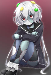 Rule 34 | 10s, 1girl, ass, black dress, black footwear, black ribbon, black sailor collar, brown background, closed mouth, commentary request, dress, fingernails, gradient background, grey background, grey hair, hair between eyes, hair ribbon, head tilt, highres, konno junko, long hair, long sleeves, looking at viewer, low twintails, maccha, mushroom, panties, pleated dress, red eyes, ribbon, sailor collar, sailor dress, shoes, sitting, solo, stitched face, stitched leg, stitches, twintails, underwear, very long hair, white panties, zombie, zombie land saga