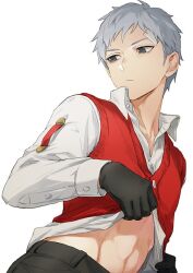 Rule 34 | 1boy, black gloves, black pants, closed mouth, clothes lift, collared shirt, gloves, grey eyes, grey hair, isa (peien516), lifting own clothes, long sleeves, male focus, pants, persona, persona 3, red sweater vest, sanada akihiko, shirt, shirt lift, simple background, solo, stomach, sweater vest, upper body, white background, white shirt