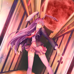 Rule 34 | 1girl, animal ears, blazer, clearfile, crescent, dress shirt, female focus, full moon, jacket, long hair, moon, neckerchief, necktie, pleated skirt, purple hair, rabbit ears, red eyes, red moon, red necktie, reisen udongein inaba, shirt, skirt, solo, thighhighs, touhou, very long hair, white thighhighs, zettai ryouiki