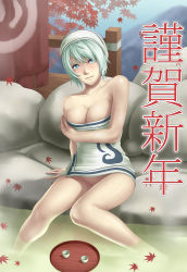 Rule 34 | 1girl, alcohol, blue eyes, breasts, capcom, cleavage, cup, green hair, groin, large breasts, leaf, monster hunter (series), monster hunter portable 3rd, naked towel, onsen, outdoors, sake, short hair, sitting, soaking feet, solo, thor (deep rising), towel, towel on head, translation request, tray, water