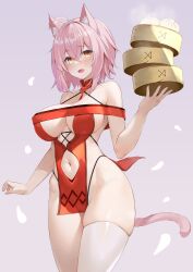 Rule 34 | 1girl, :d, absurdres, ahoge, amane chikaze, animal ears, bamboo steamer, baozi, bare shoulders, black panties, blush, breasts, cat ears, cat girl, cat tail, cleavage, clothing cutout, cowboy shot, dress, food, grey background, highres, holding, indie virtual youtuber, large breasts, looking at viewer, nakamura nagare, navel, navel cutout, open mouth, panties, petals, pink hair, red dress, red eyes, revealing clothes, short hair, simple background, single thighhigh, skindentation, smile, solo, tail, thighhighs, thong, underwear, virtual youtuber, white thighhighs