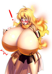 Rule 34 | !, 1girl, alternate breast size, bakki, bike shorts, blonde hair, blush, breast expansion, breasts, cleavage, cowboy shot, fingerless gloves, fire, gigantic breasts, gloves, highres, impossible clothes, impossible shirt, long hair, midriff, open mouth, pink eyes, rwby, scarf, shirt, simple background, solo, standing, white background, yang xiao long