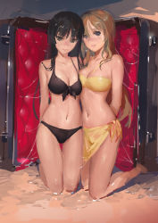 Rule 34 | 2girls, akiyama mio, arms behind back, bad id, bad pixiv id, bandeau, bikini, black bikini, black eyes, black hair, blue eyes, blush, box, breasts, brown hair, cleavage, female focus, forehead-to-forehead, front-tie top, halterneck, heads together, hjl, k-on!, kneeling, kotobuki tsumugi, large breasts, long hair, looking at viewer, multiple girls, navel, no lineart, realistic, sarong, shiny skin, suggestive fluid, swimsuit, thigh gap, yellow bikini