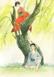 Rule 34 | 1boy, 1girl, amber t, barefoot, black hair, blue kimono, brown eyes, character request, chinese commentary, closed mouth, day, facing viewer, floral print, full body, grass, green sash, highres, japanese clothes, kimono, leaf print, long sleeves, looking at another, mushishi, obi, open mouth, outdoors, painting (medium), print kimono, red kimono, sash, short hair, sitting, smile, traditional media, tree, watercolor (medium), wide sleeves, willow
