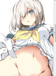 Rule 34 | 10s, 1girl, :o, absurdres, blue eyes, blush, breasts, from below, gloves, groin, hair ornament, hair over one eye, hairclip, hamakaze (kancolle), highres, kantai collection, large breasts, looking at viewer, navel, no panties, out-of-frame censoring, school uniform, serafuku, short hair, short sleeves, silver hair, solo, tabuchi (tabuchisanchi), white gloves