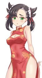 Rule 34 | 1girl, absurdres, alternate costume, arms behind back, asymmetrical bangs, bare shoulders, black hair, blush, breasts, china dress, chinese clothes, cleavage, cleavage cutout, clothing cutout, commentary request, creatures (company), dress, earrings, eyelashes, frills, game freak, green eyes, hair horns, highres, jewelry, maho (corotonton5150), marnie (pokemon), medium breasts, medium hair, nintendo, open mouth, parted lips, pokemon, pokemon swsh, simple background, solo, white background