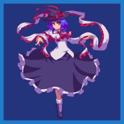 Rule 34 | 1girl, ascot, black footwear, black hat, black skirt, blue background, blue border, border, bow, capelet, closed mouth, commission, frilled shawl, frilled skirt, frills, full body, hat, hat bow, looking at viewer, nagae iku, potemki11, purple hair, red ascot, red bow, red eyes, shawl, shirt, short hair, simple background, skirt, smile, solo, touhou, white capelet, white legwear, white shirt